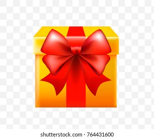 3d Realistic Yellow Gift Box with Red Bow on Transparent Background . Isolated Vector Element