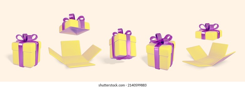 3D realistic yellow gift boxes with shiny purple bow and ribbon. Paper boxes isolated on light background. Vector illustration.