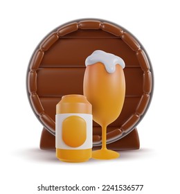 3d realistic yellow glass of beer, jar with wood barrel isolated on white background. Set design elements in minimal cartoon glossy style. Vector illustration.