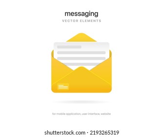 3d realistic yellow message chat messaging icon. Document and postal envelope. Chatting, mail, post, letter symbol, sign, emblem for UI UX website mobile app.