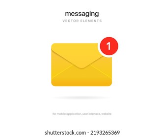 3d realistic yellow message chat messaging icon. Document and postal envelope. Chatting, mail, post, letter symbol, sign, emblem with new notification for UI UX website mobile app.