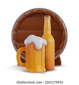 3d realistic yellow mug of beer, bottle with wood barrel isolated on white background. Set design elements in minimal cartoon glossy style. Vector illustration.