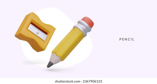 3d realistic yellow office pencil and sharpener. Advertising poster for stationery store with place for text. Colorful vector illustration in yellow colors