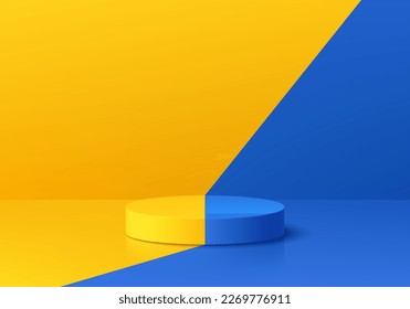 3D realistic yellow, orange and blue cylinder product pedestal podium background. Contrast color scene. Minimal wall mockup product stage showcase, Promotion display. Abstract vector geometric forms.