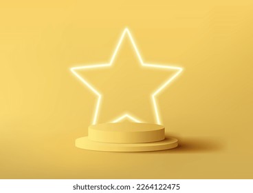 3D realistic yellow podium pedestal stand with star neon glow light backdrop minimal wall scene background. You can use for product presentation promotion, beauty cosmetic display mockup, showcase