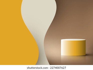 3D realistic yellow podium stand with yellow wave shape layered paper cut on brown background. Product display for cosmetic, showroom, showcase, presentation, etc. Vector illustration