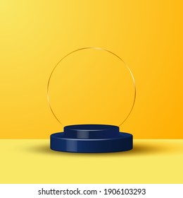 3D realistic yellow rendering and blue podium studio stage for display showcase gold circle background. Vector illustration