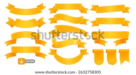 3d realistic yellow ribbons set. Ribbons collection isolated on white. Design element, decorative sticker. Cute folded ribbon for sale banner, advertisement, celebrations. Vector illustration