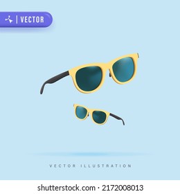 Ilustración del vector de gafas de sol amarillas realistas 3D. Concepto de vacaciones. Gafas de sol de verano. Ilustración vectorial en verano. Diseño de accesorios de ropa de ojos de moda.