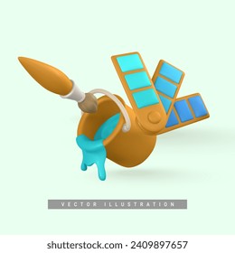 3d realistic yellow tin of blue paint, color palette and paint brush in cartoon style. Customization concept. Vector illustration.