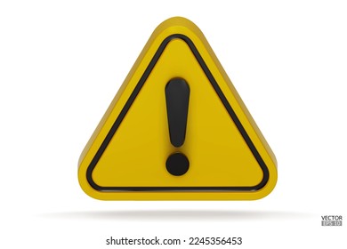 3d Realistic yellow triangle warning sign isolated on white background. Hazard warning attention sign with exclamation mark symbol. Danger, Alert, Dangerous attention icon. 3D Vector illustration.