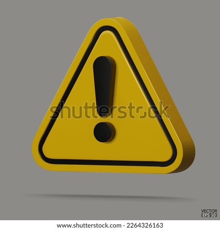 3d Realistic yellow triangle warning sign isolated on gray background. Hazard warning attention sign with exclamation mark symbol. Danger, Alert, Dangerous attention icon. 3D Vector illustration.