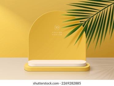 3D realistic yellow, white products podium background with coconut leaf and arch backdrop. Summer minimal wall scene mockup product stage showcase, Promotion display. Abstract vector geometric forms.