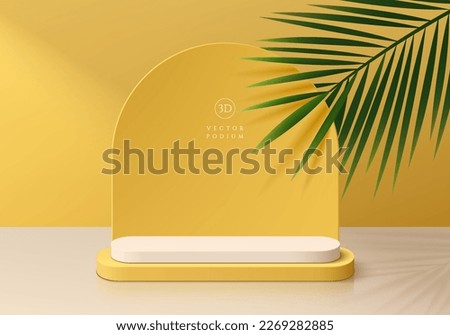 3D realistic yellow, white products podium background with coconut leaf and arch backdrop. Summer minimal wall scene mockup product stage showcase, Promotion display. Abstract vector geometric forms.