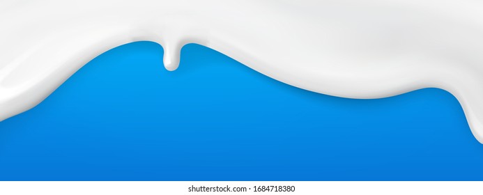 3d realistic yogurt flowing wave border on blue background. white milk splash or ice cream flow soft texture.element for advertising, package design.vector illustration