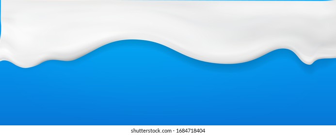 3d realistic yogurt flowing wave border on blue background. white milk splash or ice cream flow soft texture.element for advertising, package design.vector illustration