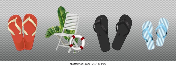 3D realitic beach flip-flops. Set, collection of cute colorful flip flops with different ornaments, patterns for summer design.