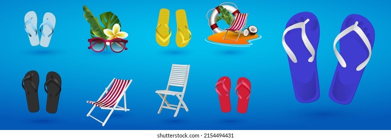 3D realitic beach flip-flops. Set, collection of cute colorful flip flops with different ornaments, patterns for summer design.