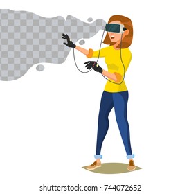 3d Reality Simulation Vector. Having A Good Time With Wearing Virtual Reality Device. Enjoying VR Device. New Virtual Technologies. Cartoon Character Illustration