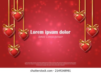 3d realsitic vector background. Greeting Valentines day banner flyer on red wall with hanging hearts and golden bows.