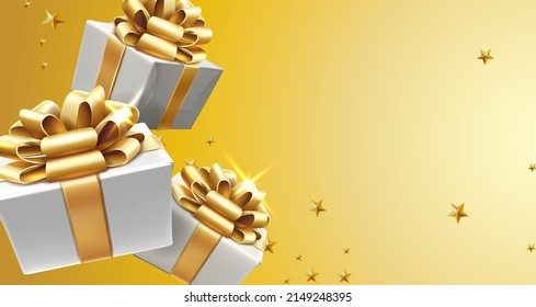 3d realsitic vector background. White gift boxes with golden ribbons and bows, presents banner adverticement flyer template. Yellow wall with stars and sparkles. 