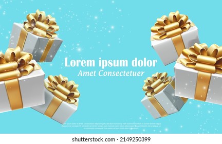 3d realsitic vector background. White gift boxes with golden ribbons and bows, presents banner adverticement flyer template. Blue wall with sparkles. 