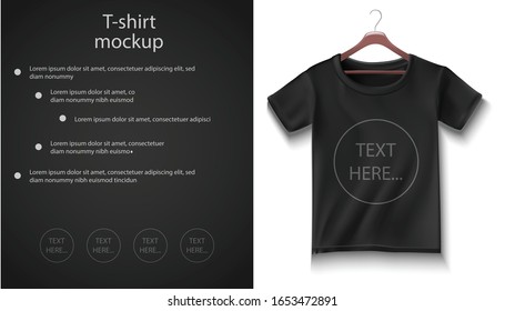 3d realsitic vector t-shirt in black color. Isolated illustration. Mock up for your personalized design.