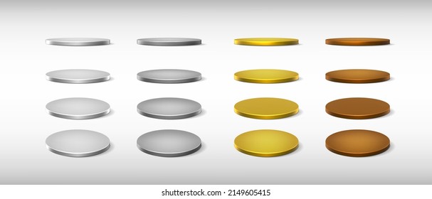 3d realstic vector icon set. Round stage podiums in different views, front, top, side. Silver, gold, bronze. 