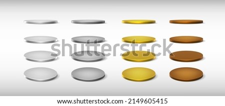 3d realstic vector icon set. Round stage podiums in different views, front, top, side. Silver, gold, bronze. 