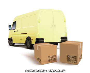 3D Rear View Of White Delivery Van With Boxes. EPS10 Vector