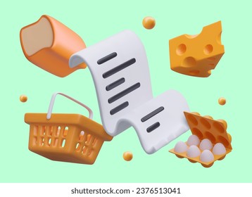 3D receipt, bread, eggs, shopping basket, cheese. Concept of buying grocery online. Payment and delivery. Expense report. Vector color illustration for web design