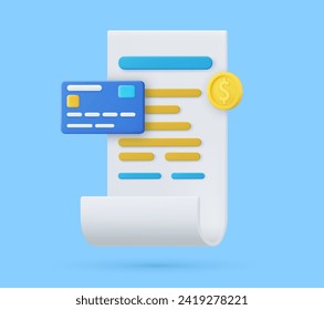 3d Receipt, Invoice, bill icon. 3D bill payment with credit card and financial security for online shopping, online payment credit card 3D with payment protection concept. Vector illustration