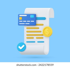 3d Receipt, Invoice, bill icon. 3D bill payment with credit card and financial security for online shopping, online payment credit card 3D with payment protection concept. Vector illustration