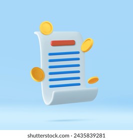 3d Receipt, Invoice, bill icon. 3D bill payment with coin and financial security for online shopping, online payment. 3D Rendering. Vector illustration