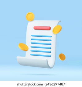 3d Receipt, Invoice, bill icon. 3D bill payment with coin and financial security for online shopping, online payment. 3D Rendering. Vector illustration