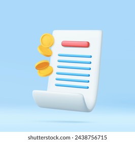 3d Receipt, Invoice, bill icon. 3D bill payment with coin and financial security for online shopping, online payment. 3D Rendering. Vector illustration