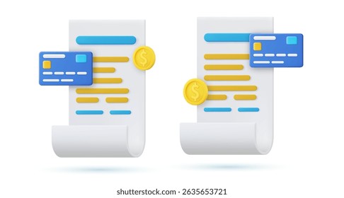 3d Receipt, Invoice, bill icon. 3D bill payment with credit card and financial security for online shopping, online payment credit card 3D with payment protection concept. Vector illustration