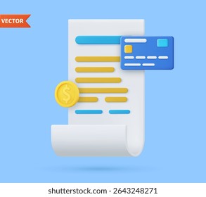 3d Receipt, Invoice, bill icon. 3D bill payment with credit card and financial security for online shopping, online payment credit card 3D with payment protection concept. Vector illustration