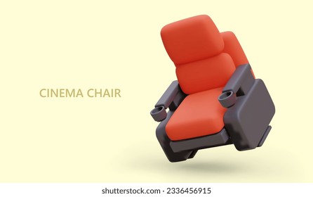 3D reclining cinema chair. Banner on yellow background. Convenient movie viewing. Sturdy and durable furniture for cinemas. Concept for movie theatre, film screenings, art events