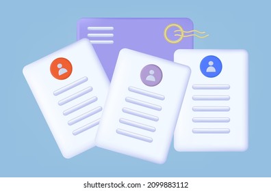 3d recruitment of personnel. Hiring a new employee. Skills document, candidate's resume. Free vacancy, job search. Professional staff, interview or review. Job selection, new recruitment. Vector