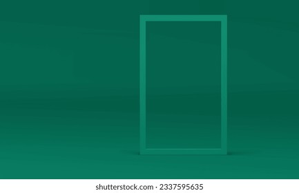 3d rectangle green frame abstract wall backdrop for interior design showroom presentation vector illustration. Realistic rectangular border at pastel empty studio background for commercial advertising