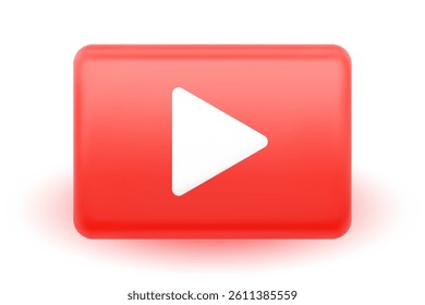 3D rectangle play button red with white triangle icon. Modern video media symbol for streaming platforms, digital interface element. Play button for video content