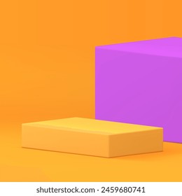 3D Rechteck Podium Sockel mit lila Würfel Wand Hintergrund realistische Vektorillustration. Modernes lebendiges Schaukasten-geometrisches Ständer-Display-Mock-up für kosmetische Produktpräsentation