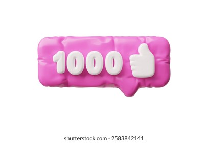 3D Rectangular inflatable pink bubble with number 1000 and thumbs up. Sign of agreement, confirmation and recognition. Hand gesture. Speech cloud vector illustration. Isolated background.