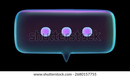 3D rectangular neon chat bubble with typing dots isolated on dark background for digital chat and social media