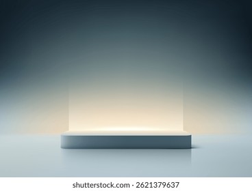 A plataforma retangular 3D em cinza frio fica em uma superfície branca reflexiva, maquetes de produtos, apresentações ou branding. Design minimalista moderno com suave demonstração profissional de brilho quente