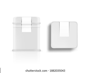 3D Rectangular White Glossy Tin Can Top And Side View. Packaging For Tea, Coffee, Sugar Or Cookies. EPS10 Vector