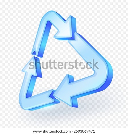 3D Recycle arrow icon symbol made of blue transparent glass. Recycle label, Recycling sign. Isolated on transparent background. Vector illustration.
