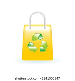3D-Recycling-Beutel wiederverwendbare Eco-Beutel Symbol. Umweltkonzept für ökologische Nachhaltigkeit Glossy-Glas-Plastikfarbe. Geräumiger realistischer Cartoon Minimalstil. 3D-Render-Vektorsymbol UX UI isolierte Illustration.