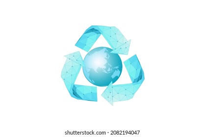 Símbolo de plástico 3D reciclado en la Tierra. Seguridad ambiental industria del reciclaje urbano. Gestión ecológica de la basura orgánica. Ilustración del vector biológico moderno de flecha triangular